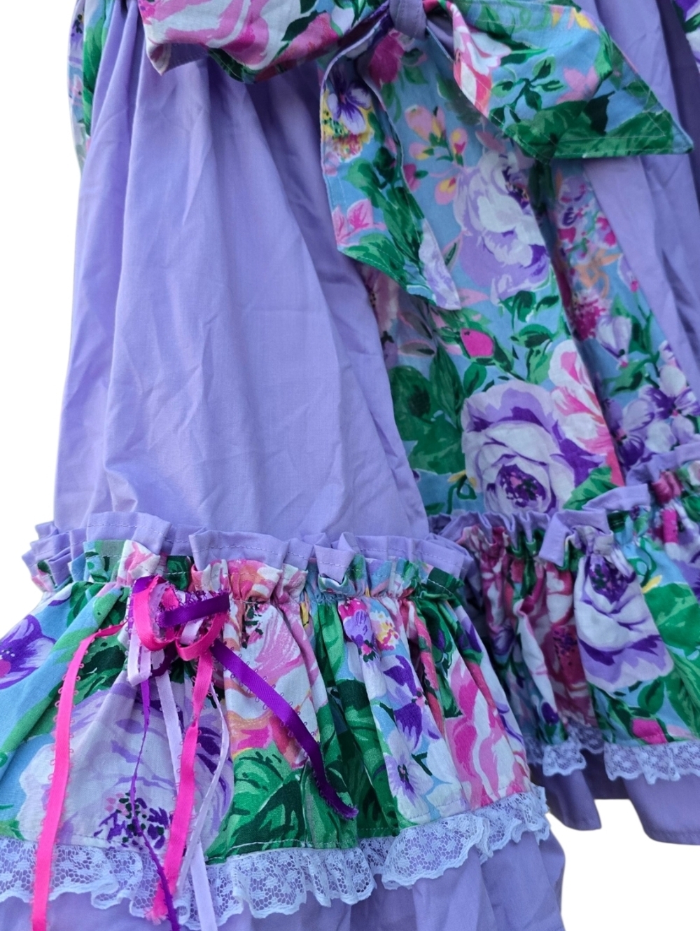 Vintage 80s 90s Floral Pastel Ruffle Mini Skirt Cottagecore Lavender Lace - Picture 5 of 9